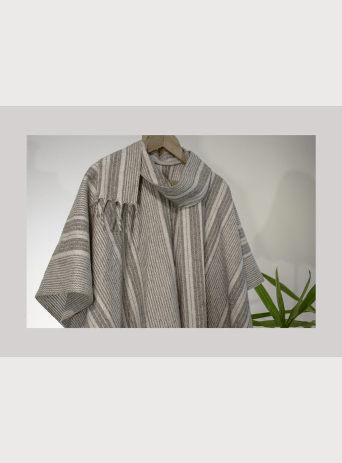 Oaxacan raw wool & gray stripes poncho with fringed edges, attached scarf and covered wool buttons