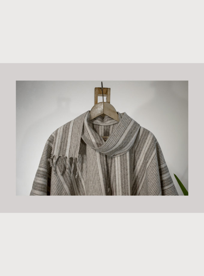 Oaxacan raw wool & gray stripes poncho with fringed edges, attached scarf and covered wool buttons