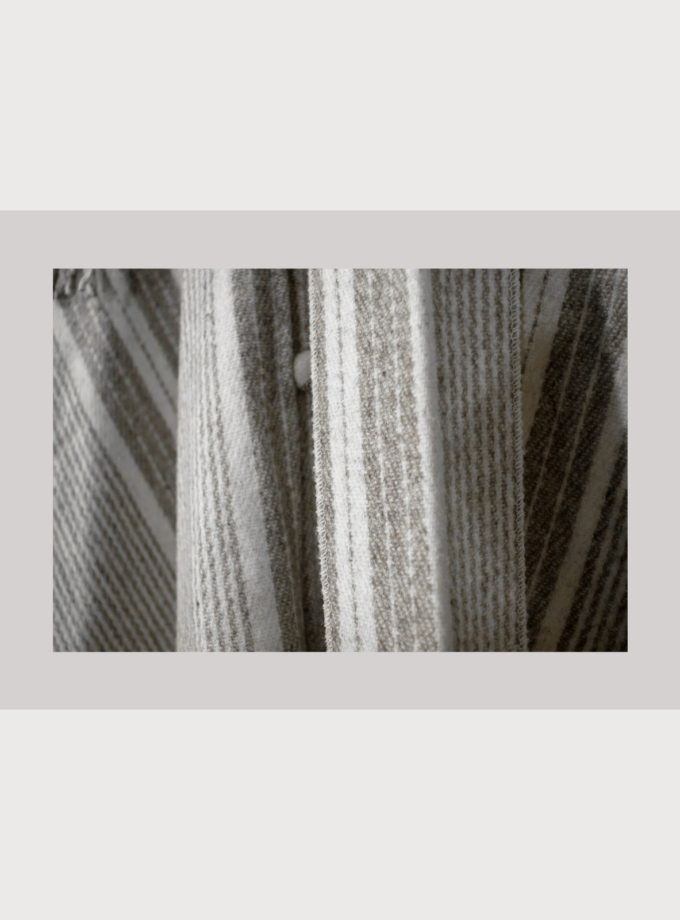 Oaxacan raw wool & gray stripes poncho with fringed edges, attached scarf and covered wool buttons